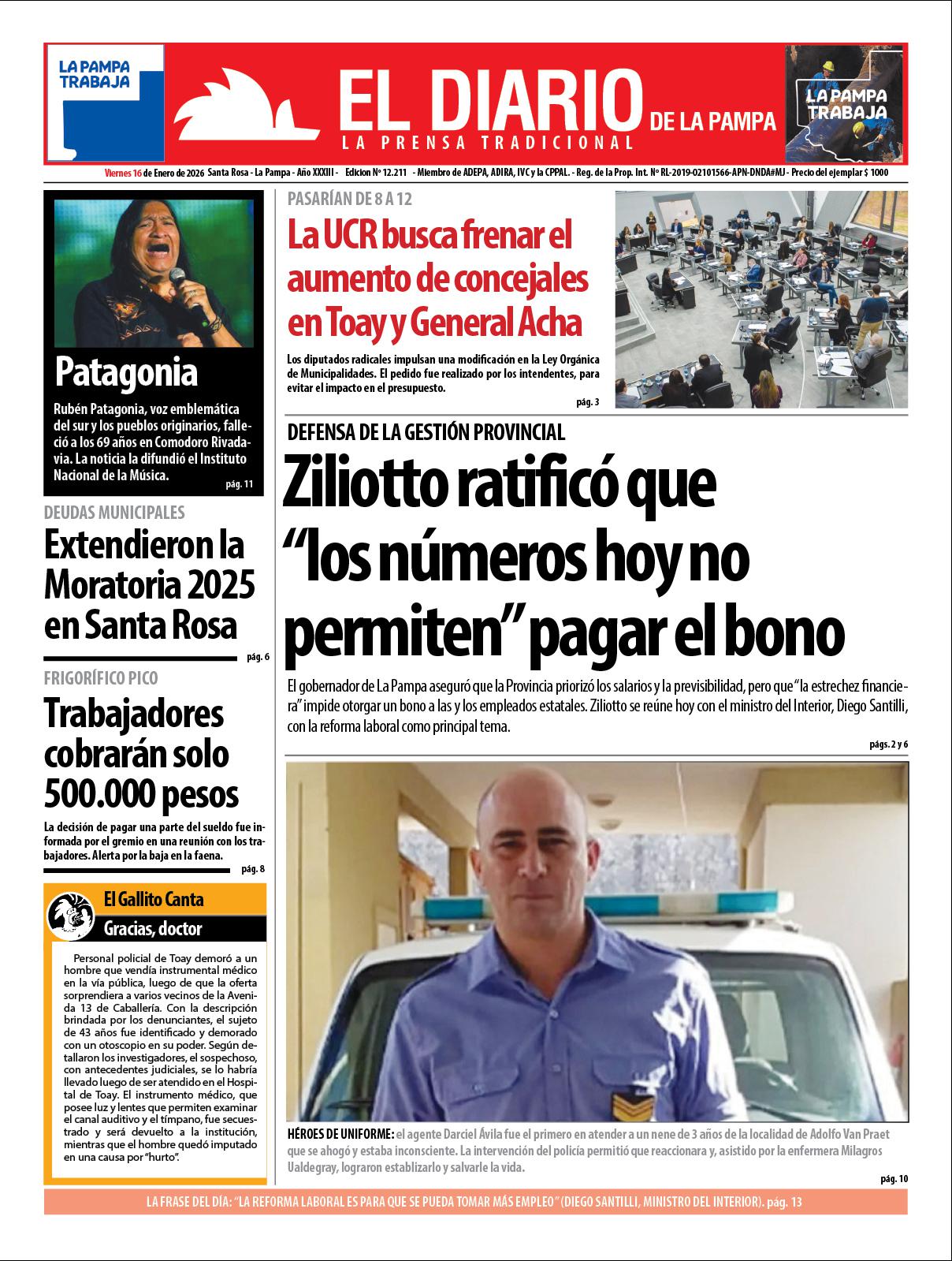 Tapa de El Diario en papel  viernes 16 de enero de 2026
